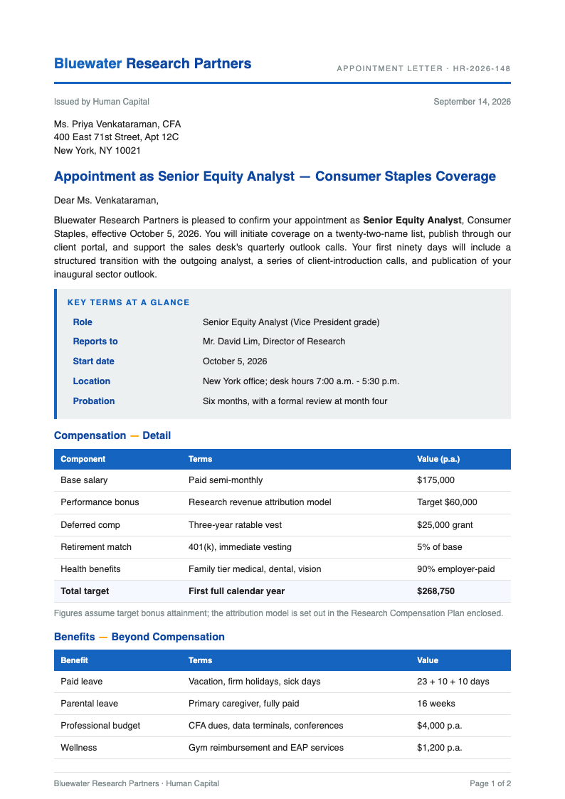 Analytical blue appointment letter